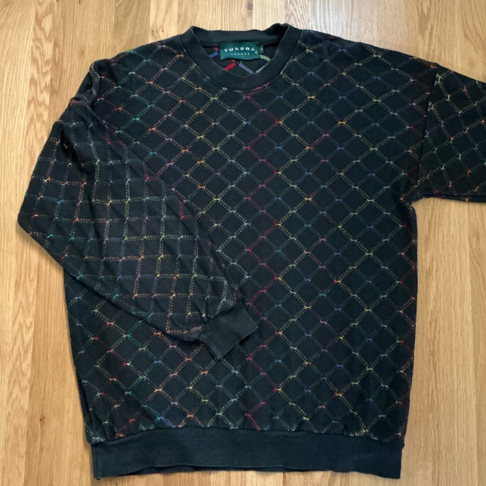 Tundra Canada Sweater‎ Men's M Black Multicolor Knit Crewneck Vintage Look